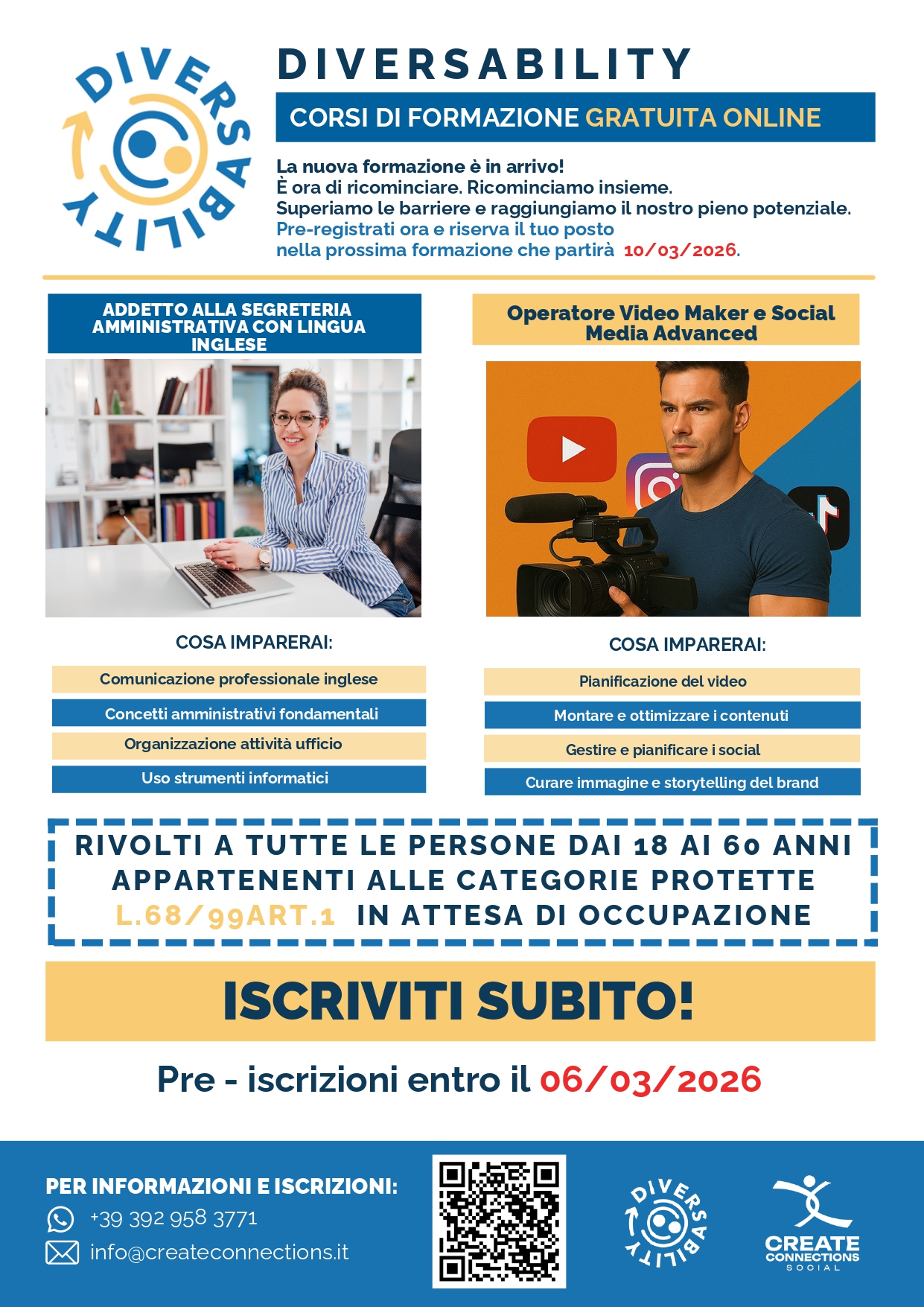 Corsi di Formazione Gratuita Online riservati a persone con disabilità - Addetto alla segreteria e Operatore Videomaker e social Media Advance